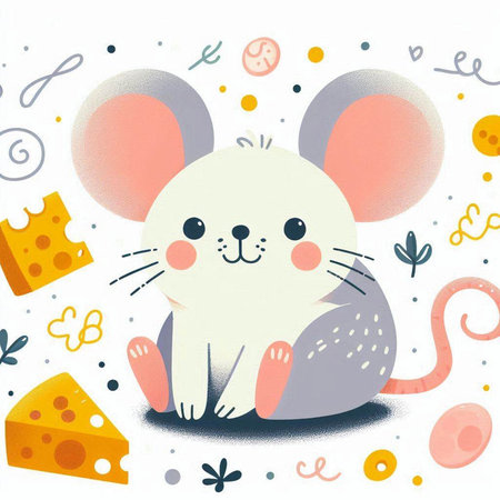 Cute cartoon mouse with cheese on white background. Vector illustration.のイラスト素材
