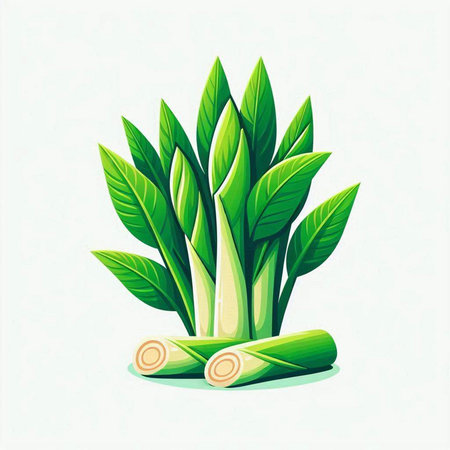 Illustration of fresh green leaves and sugarcane on white backgroundのイラスト素材