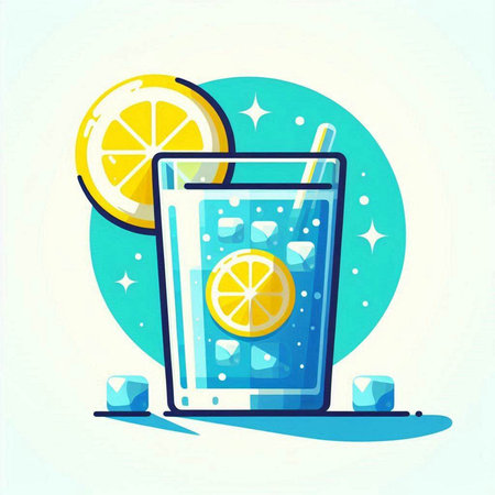 Cocktail with lemon and ice on blue background. Vector illustration.のイラスト素材