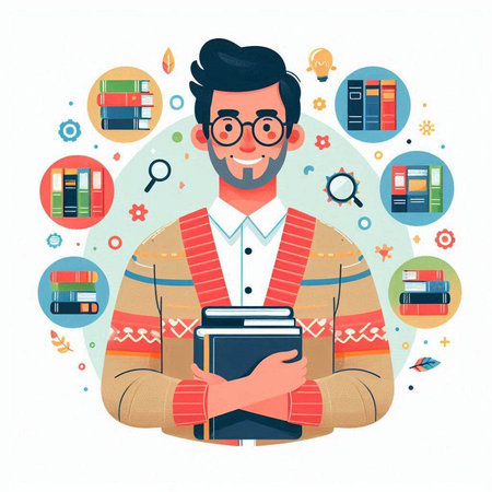 Vector illustration of a man with a book in his hands. Education conceptのイラスト素材