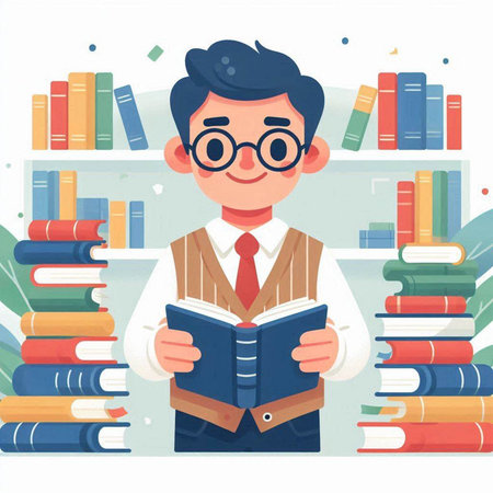 Vector illustration of a schoolboy reading a book in the library.のイラスト素材