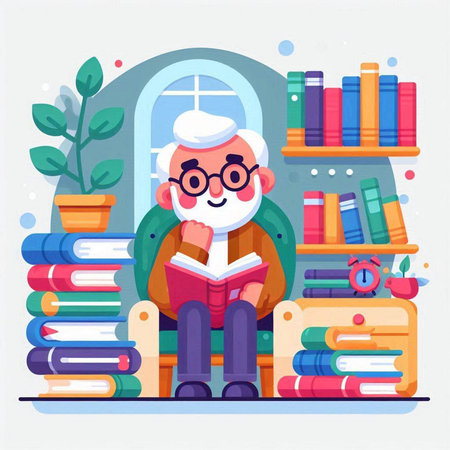 Old man reading a book in the library. Flat style vector illustration.のイラスト素材