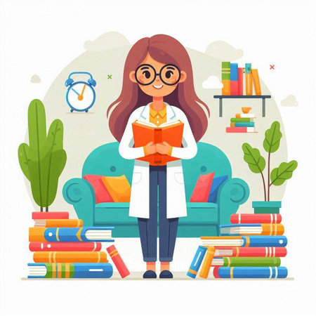 Young woman in glasses reading a book. Flat style vector illustration.のイラスト素材