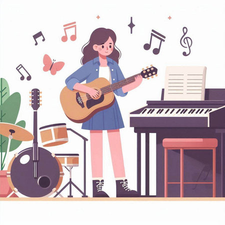 Girl playing guitar on the background of musical instruments. Vector illustration.のイラスト素材