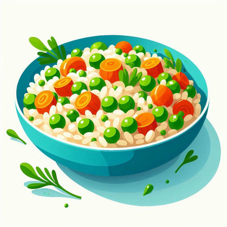 Vector illustration of a bowl of risotto with green peas and carrotsのイラスト素材