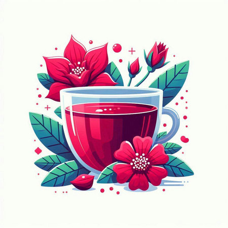 Cup of tea with red flowers and leaves. Vector illustration.のイラスト素材
