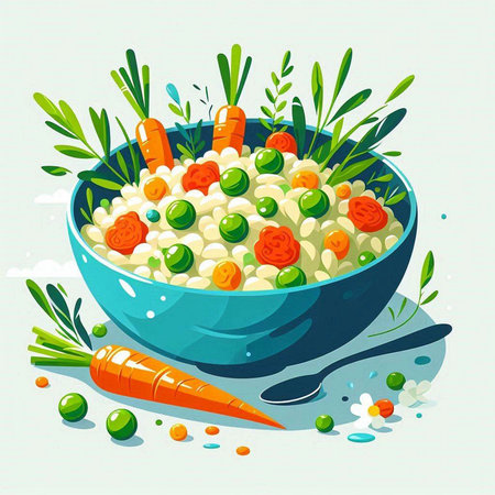 Vector illustration of a bowl of rice with carrots, peas and herbsのイラスト素材