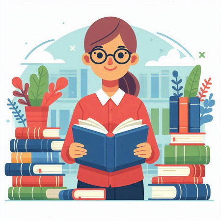 Cute girl reading a book. Vector illustration in flat style.のイラスト素材