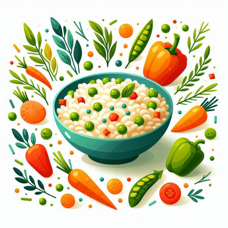 Vector illustration of a bowl of porridge with vegetables and herbs.のイラスト素材