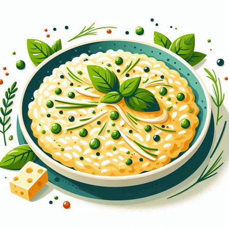 Risotto with green peas and parsley. Vector illustration.のイラスト素材