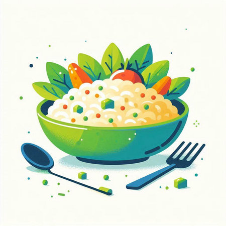 Illustration of a bowl of rice with vegetables and a fork.のイラスト素材