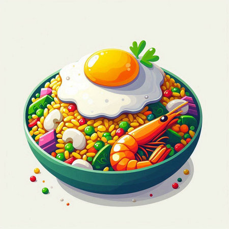 Illustration of a bowl of healthy food with egg and shrimpsのイラスト素材