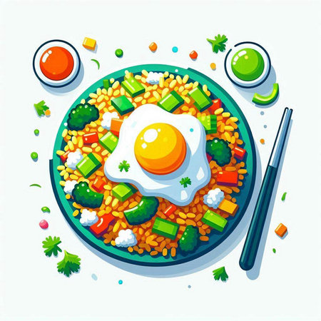 Vegetarian food vector illustration, top view of a plate with rice, beans, egg and chopsticksのイラスト素材