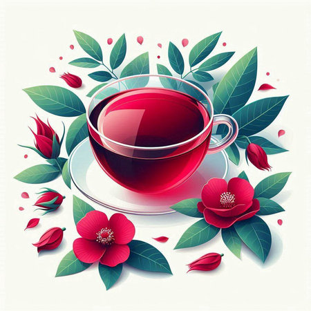 Cup of tea with red hibiscus flowers and green leaves. Vector illustration.のイラスト素材