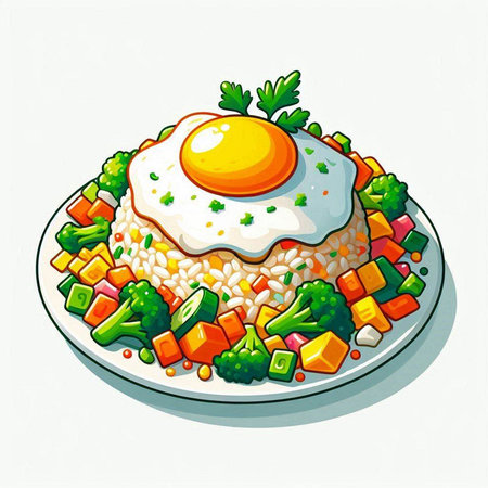 Illustration of fried egg with rice and vegetables on a plate.のイラスト素材
