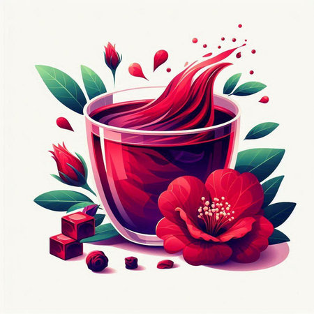 Cup of tea with red liquid and flowers. Vector illustration.のイラスト素材