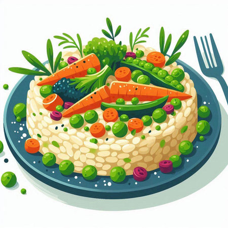 Illustration of a healthy vegetarian meal with rice, carrots, peas and greensのイラスト素材
