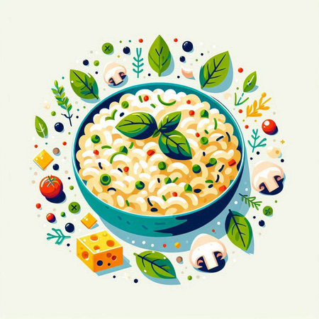 Illustration of a bowl of risotto with mushrooms, cheese and herbsのイラスト素材