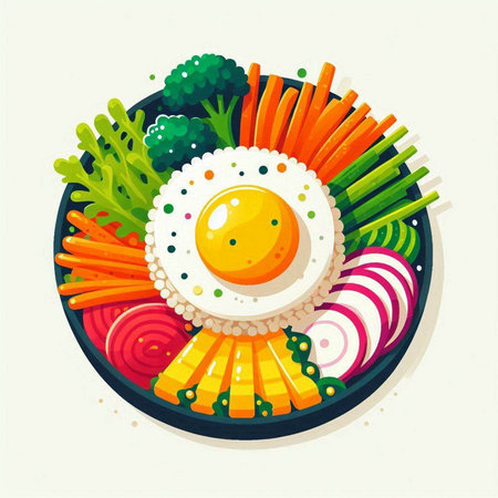 Vector illustration of a plate with fresh vegetables and fried egg on a white backgroundのイラスト素材