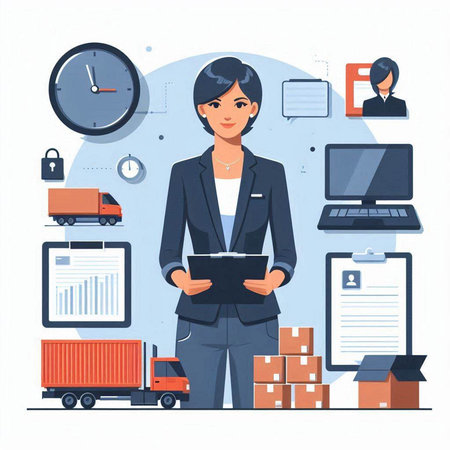 Delivery and logistics concept. Businesswoman with clipboard. Vector illustration in flat styleのイラスト素材