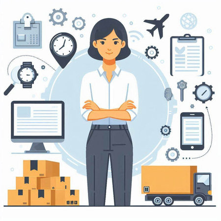 Flat design vector illustration concept of logistic and delivery. Businesswoman standing with arms crossed.のイラスト素材