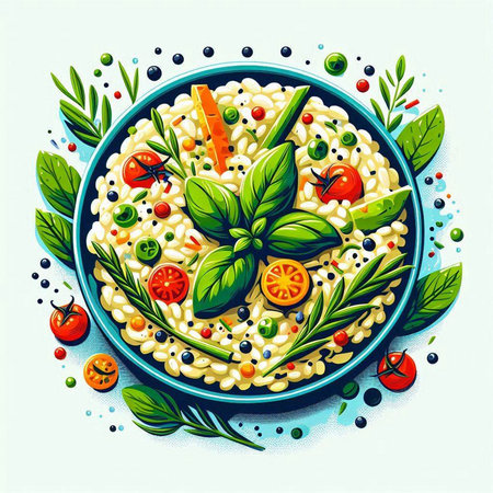Risotto with fresh basil, tomatoes, olive oil and spices. Vector illustration.のイラスト素材
