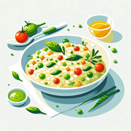 Risotto with green peas, cherry tomatoes and herbs. Vector illustration.のイラスト素材
