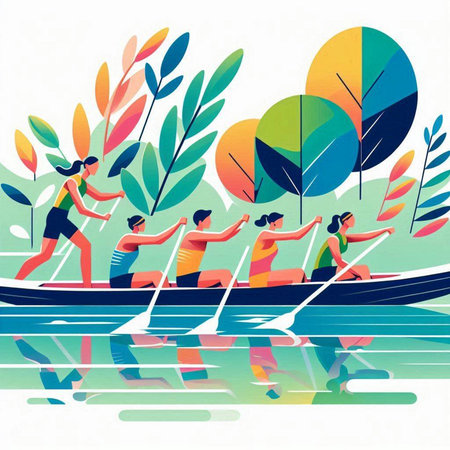 Group of people rowing in a canoe on the lake. Vector illustration.のイラスト素材