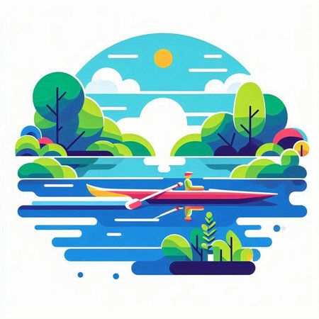 Vector illustration of a kayak on the river in the forest. Flat style.のイラスト素材