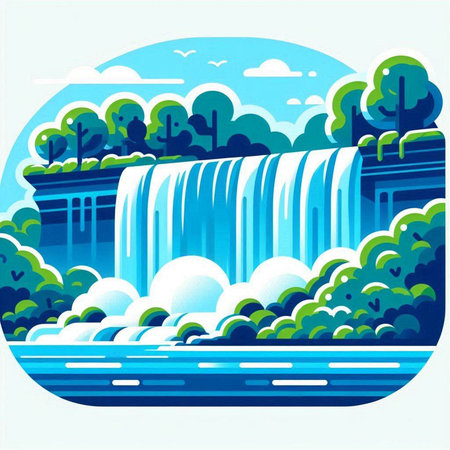 Waterfall on the river in the forest. Flat style vector illustration.のイラスト素材