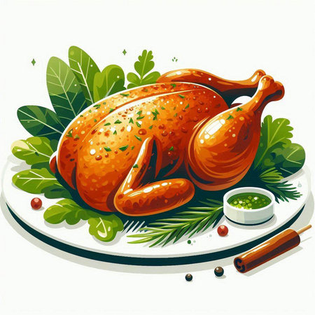 Roasted chicken on a plate with herbs and spices. Vector illustration.のイラスト素材