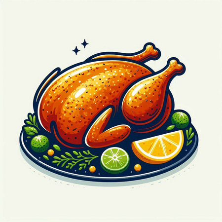 Roast chicken with lemon and lime on plate. Vector illustration.のイラスト素材