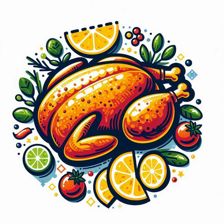 Hand drawn vector illustration of roasted turkey with orange slices and herbs on white backgroundのイラスト素材