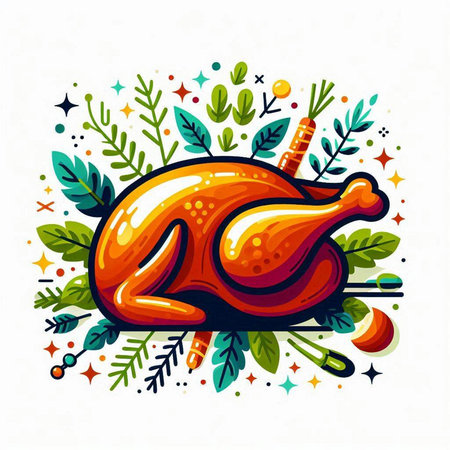 Vector illustration of roasted turkey on white background. Happy Thanksgiving Day.のイラスト素材