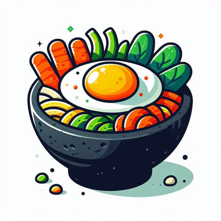 Illustration of Asian food with fried egg in bowl. Vector illustration.のイラスト素材