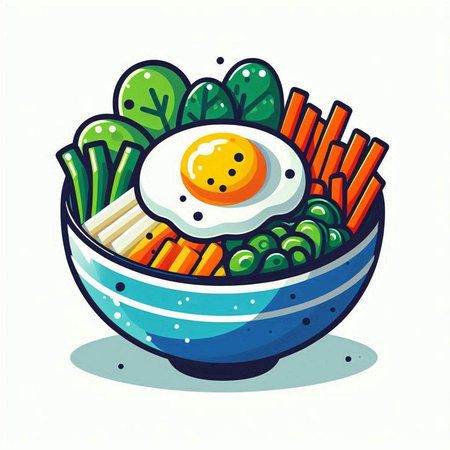 Bowl of noodle with fried egg and vegetables. Vector illustration.のイラスト素材