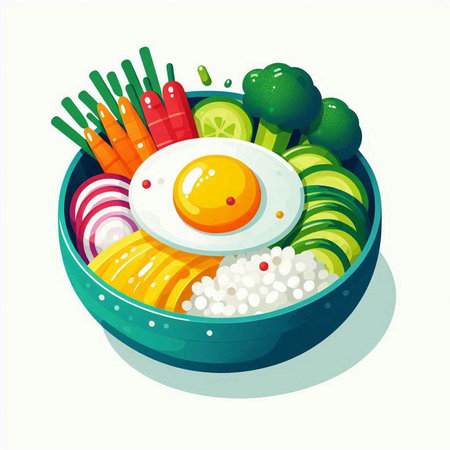Bowl of healthy food with fried egg and vegetables. Vector illustration.のイラスト素材
