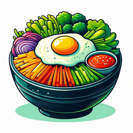 Illustration of a bowl of noodle with fried egg and vegetablesのイラスト素材