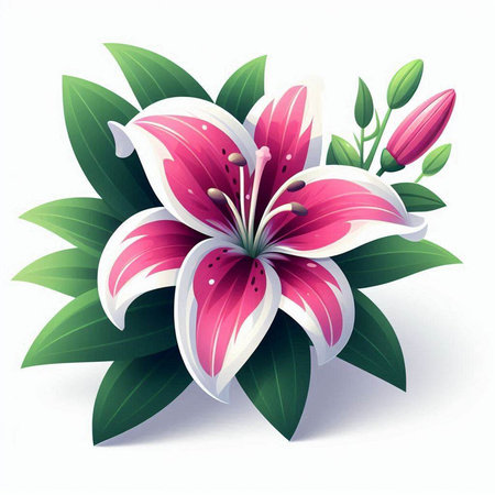 Pink lily with green leaves isolated on white background. Vector illustration.のイラスト素材