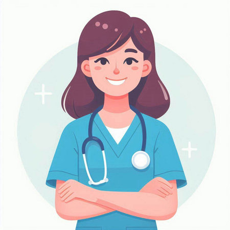 Female nurse with stethoscope. Vector illustration in cartoon style.のイラスト素材