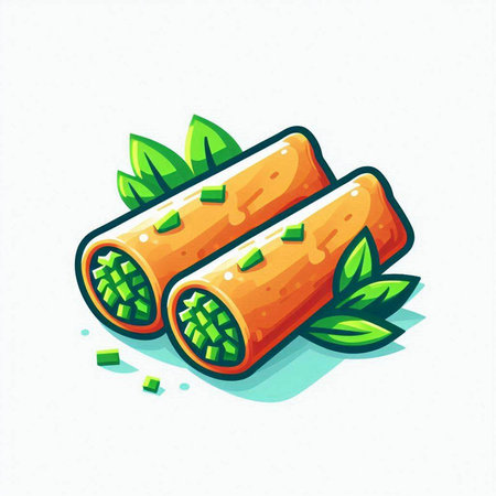 Cartoon spring rolls with green leaves isolated on white background. Vector illustration.のイラスト素材