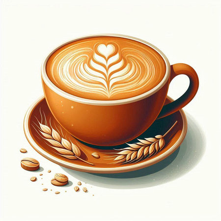 Illustration of a cup of coffee with latte art and wheatのイラスト素材