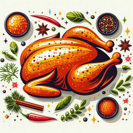 Vector illustration of roasted chicken with spices and herbs on white background.のイラスト素材