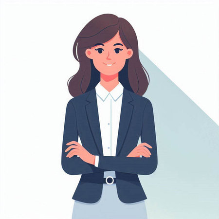 Young business woman standing with arms crossed. Vector illustration in cartoon style.のイラスト素材