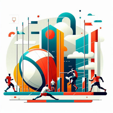 Sport vector illustration with people running, playing rugby, basketball, volleyball, rugby ball.のイラスト素材