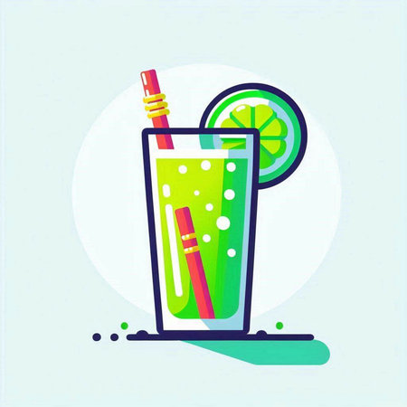 Cocktail with lime and straw. Vector illustration in flat styleのイラスト素材