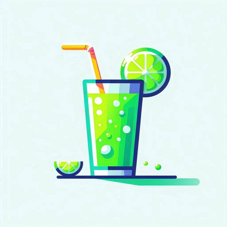 Cocktail with lime and straw. Vector illustration in flat styleのイラスト素材