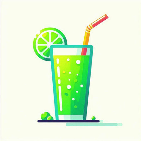 Cocktail with lime and straw. Vector illustration in flat styleのイラスト素材