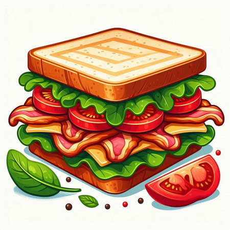 Sandwich with ham, lettuce, tomato and cheese. Vector illustration.のイラスト素材