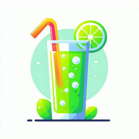 Cocktail with lime and straw. Vector illustration in flat styleのイラスト素材